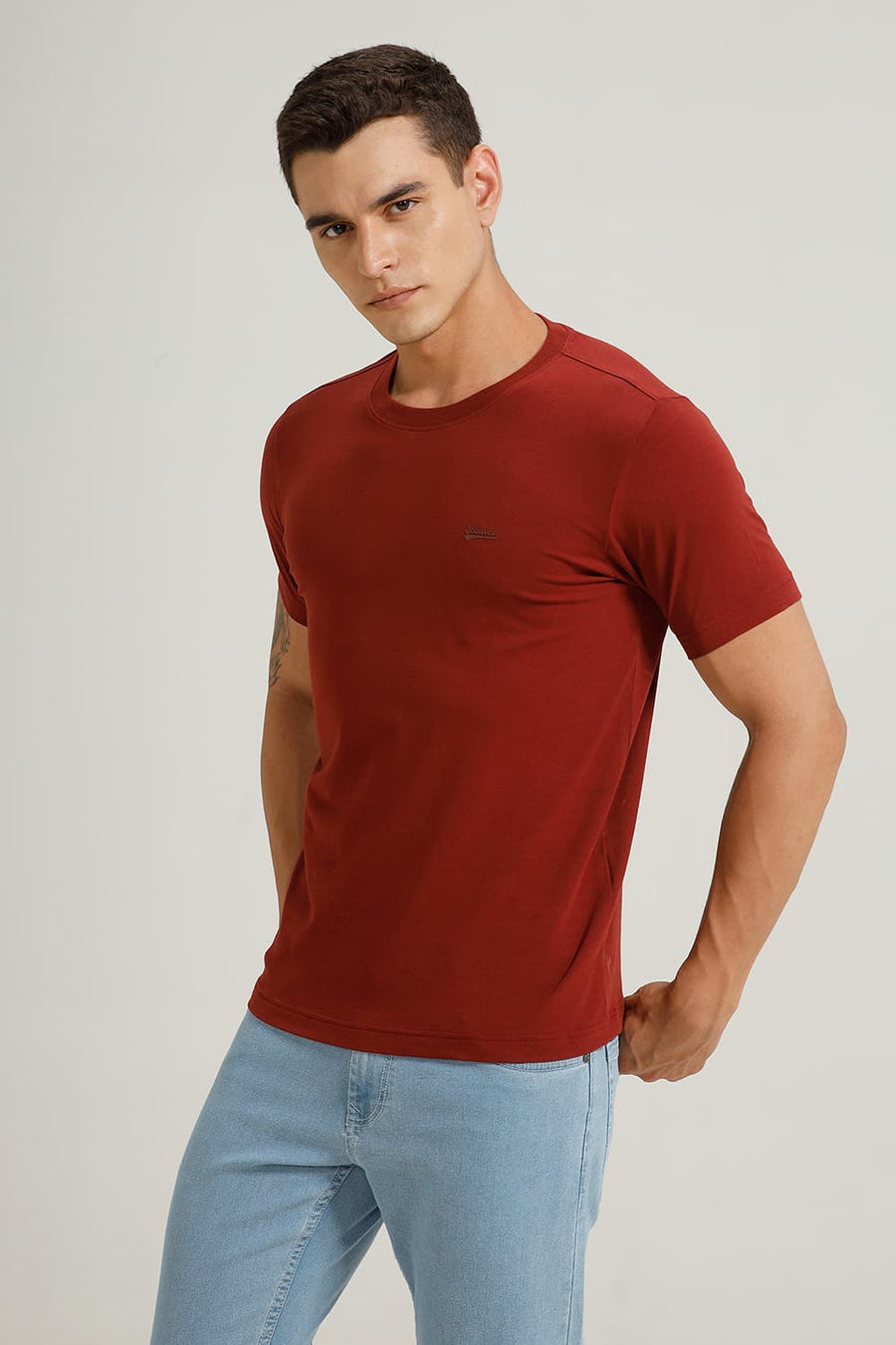 BASICS REGULAR FIT BROWN BRICK COTTON STRETCH CREW T-SHIRT