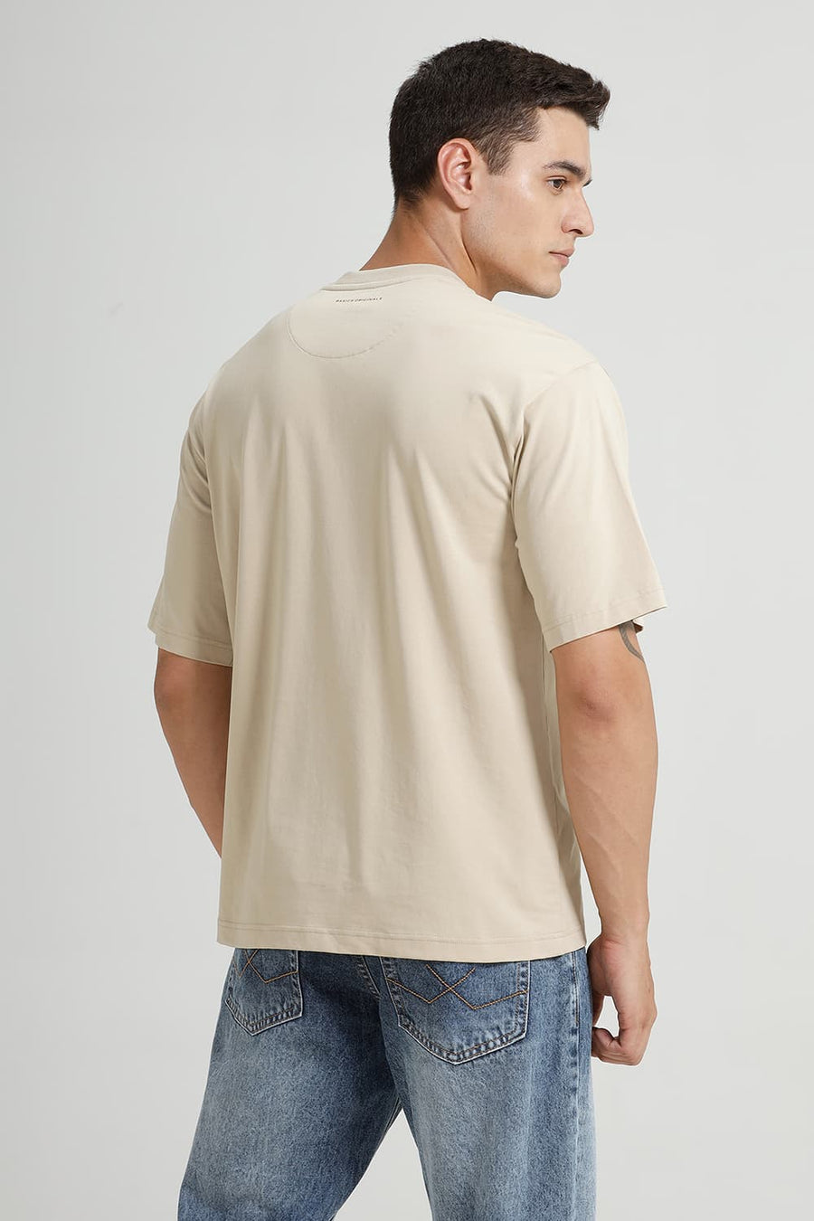 BASICS RELAXED FIT SAFARI BEIGE COTTON STRETCH CREW T-SHIRT