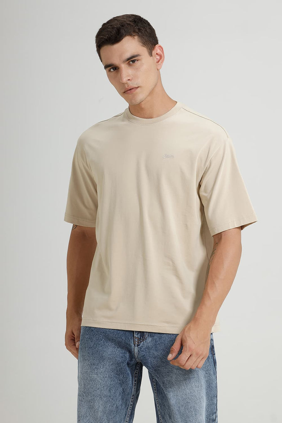 BASICS RELAXED FIT SAFARI BEIGE COTTON STRETCH CREW T-SHIRT
