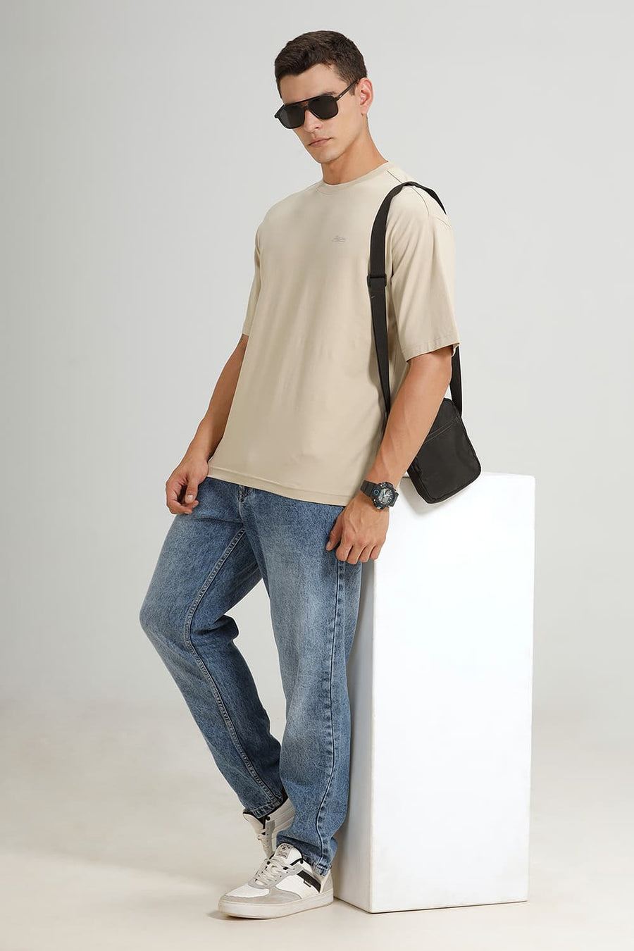 BASICS RELAXED FIT SAFARI BEIGE COTTON STRETCH CREW T-SHIRT