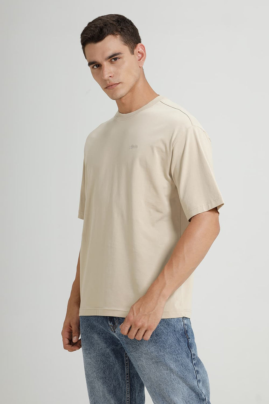 BASICS RELAXED FIT SAFARI BEIGE COTTON STRETCH CREW T-SHIRT