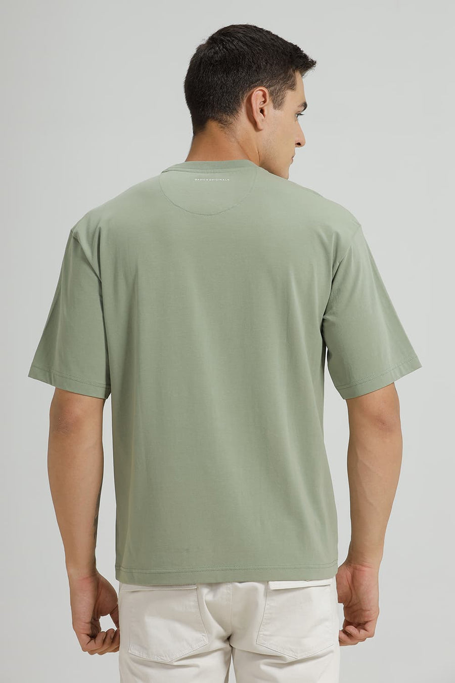BASICS RELAXED FIT OIL GREEN COTTON STRETCH CREW T-SHIRT