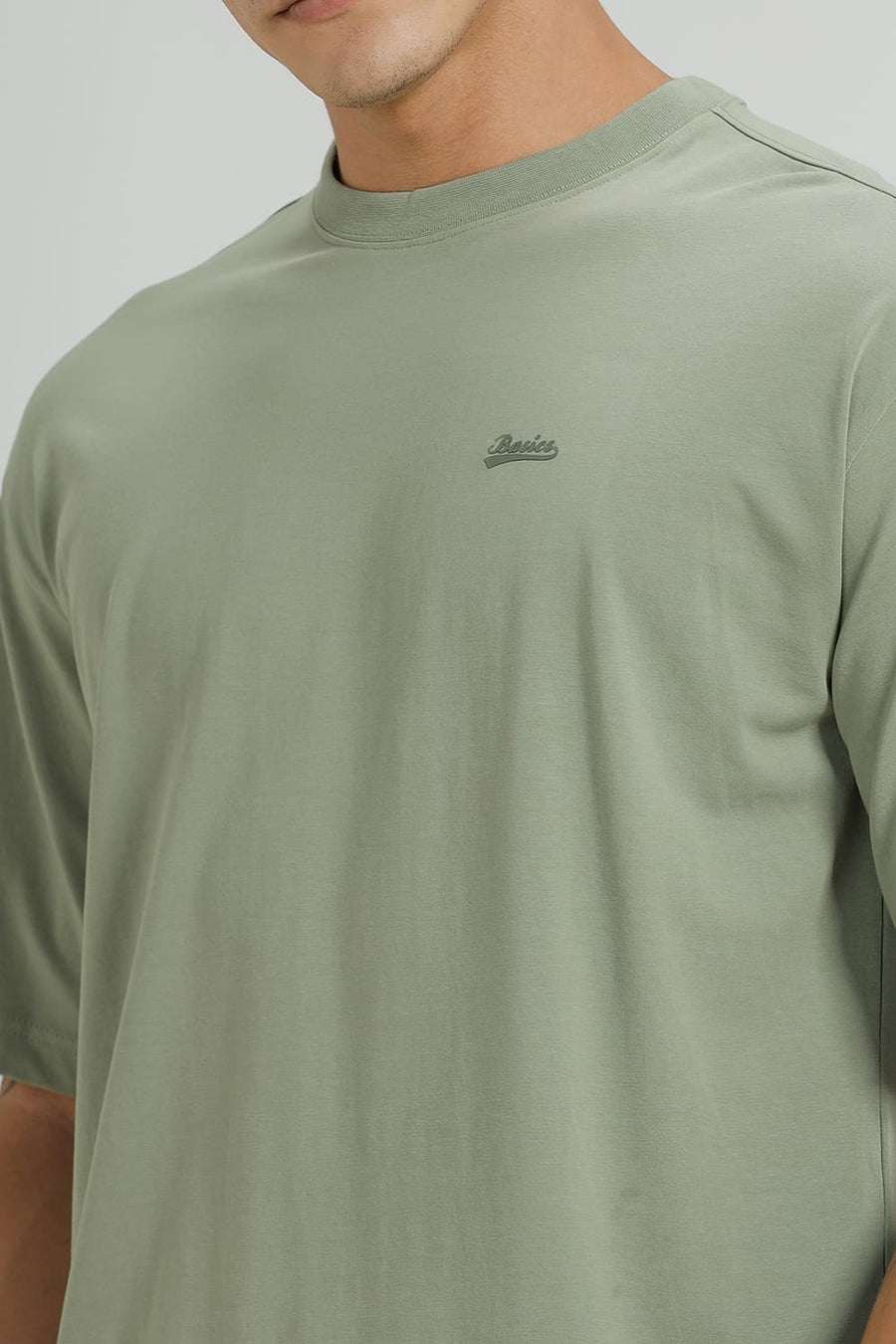 BASICS RELAXED FIT OIL GREEN COTTON STRETCH CREW T-SHIRT