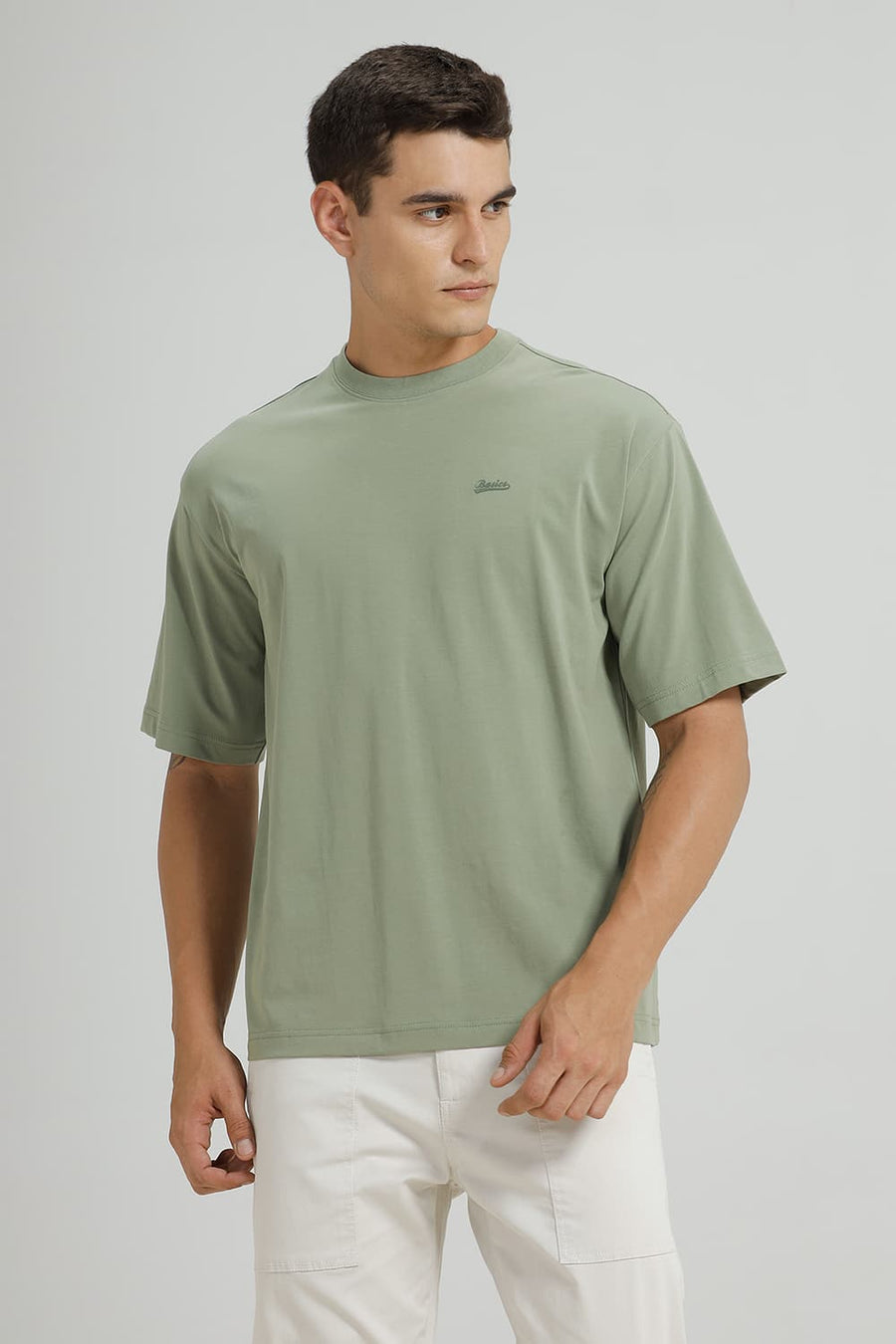 BASICS RELAXED FIT OIL GREEN COTTON STRETCH CREW T-SHIRT