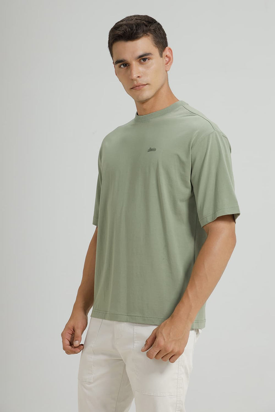 BASICS RELAXED FIT OIL GREEN COTTON STRETCH CREW T-SHIRT