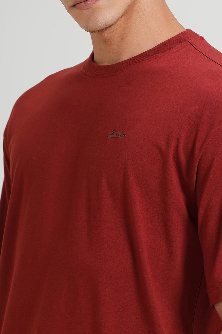 BASICS RELAXED FIT BROWN BRICK COTTON STRETCH CREW T-SHIRT