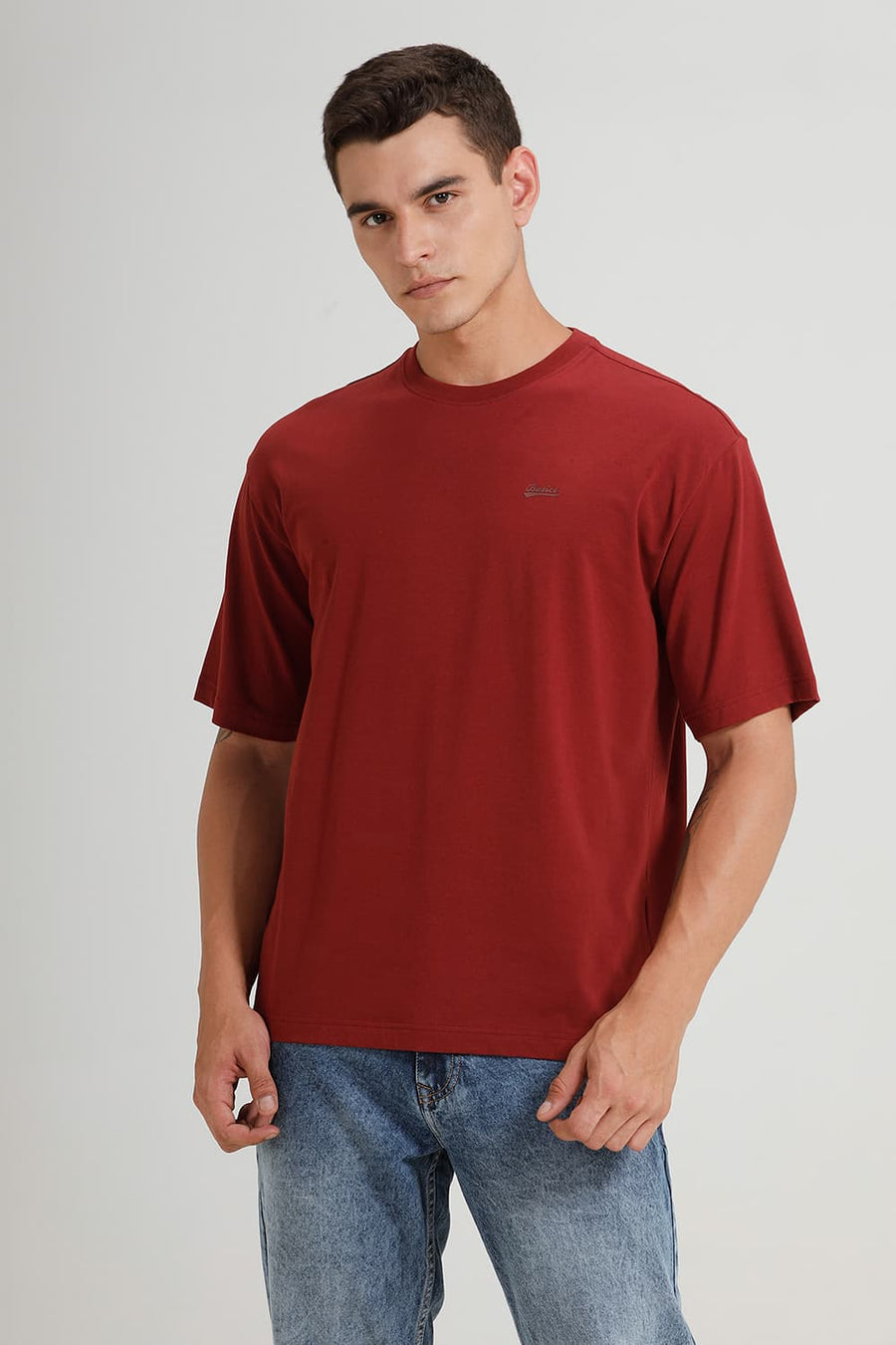 BASICS RELAXED FIT BROWN BRICK COTTON STRETCH CREW T-SHIRT