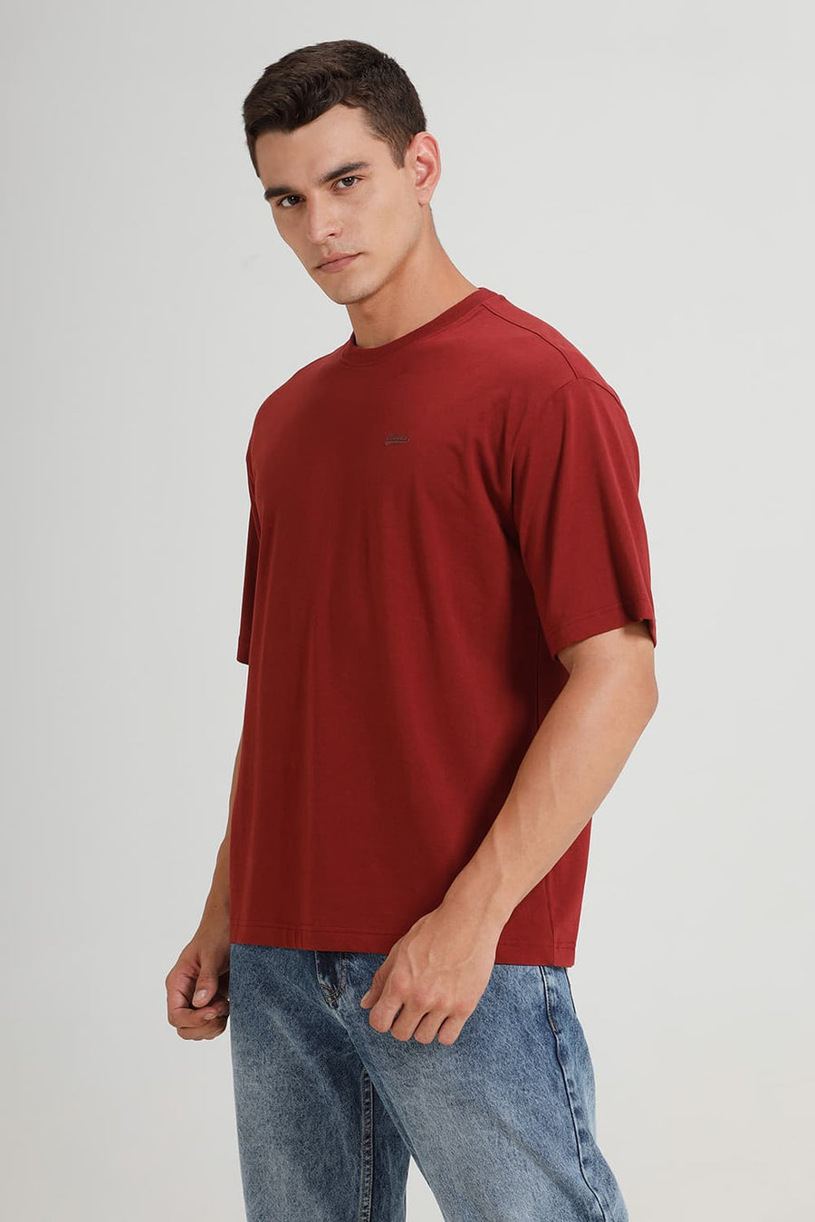 BASICS RELAXED FIT BROWN BRICK COTTON STRETCH CREW T-SHIRT