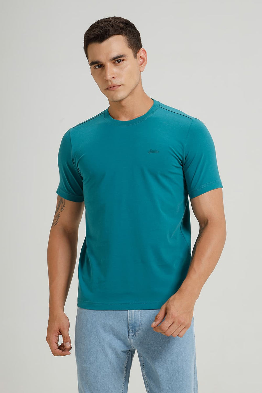 BASICS REGULAR FIT DEEP LAKE COTTON STRETCH CREW T-SHIRT