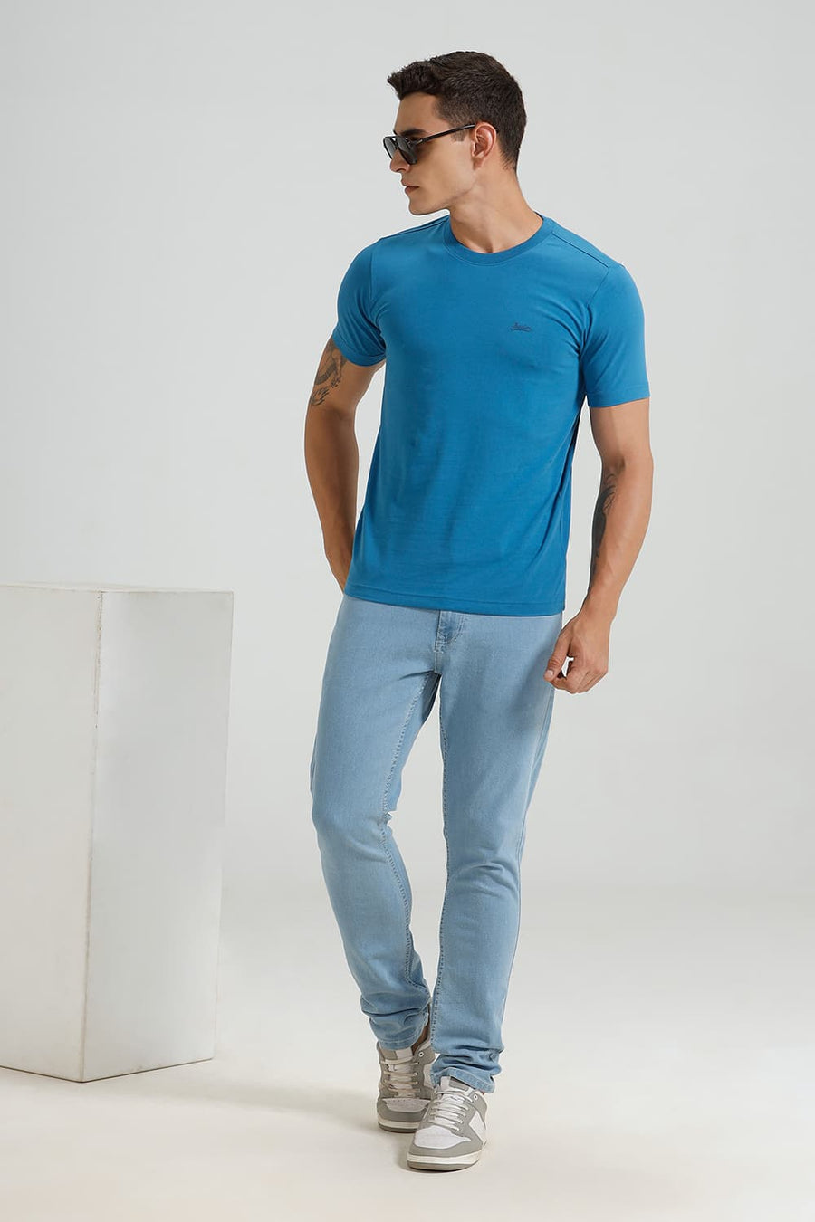 BASICS REGULAR FIT SEAPORT COTTON STRETCH CREW T-SHIRT