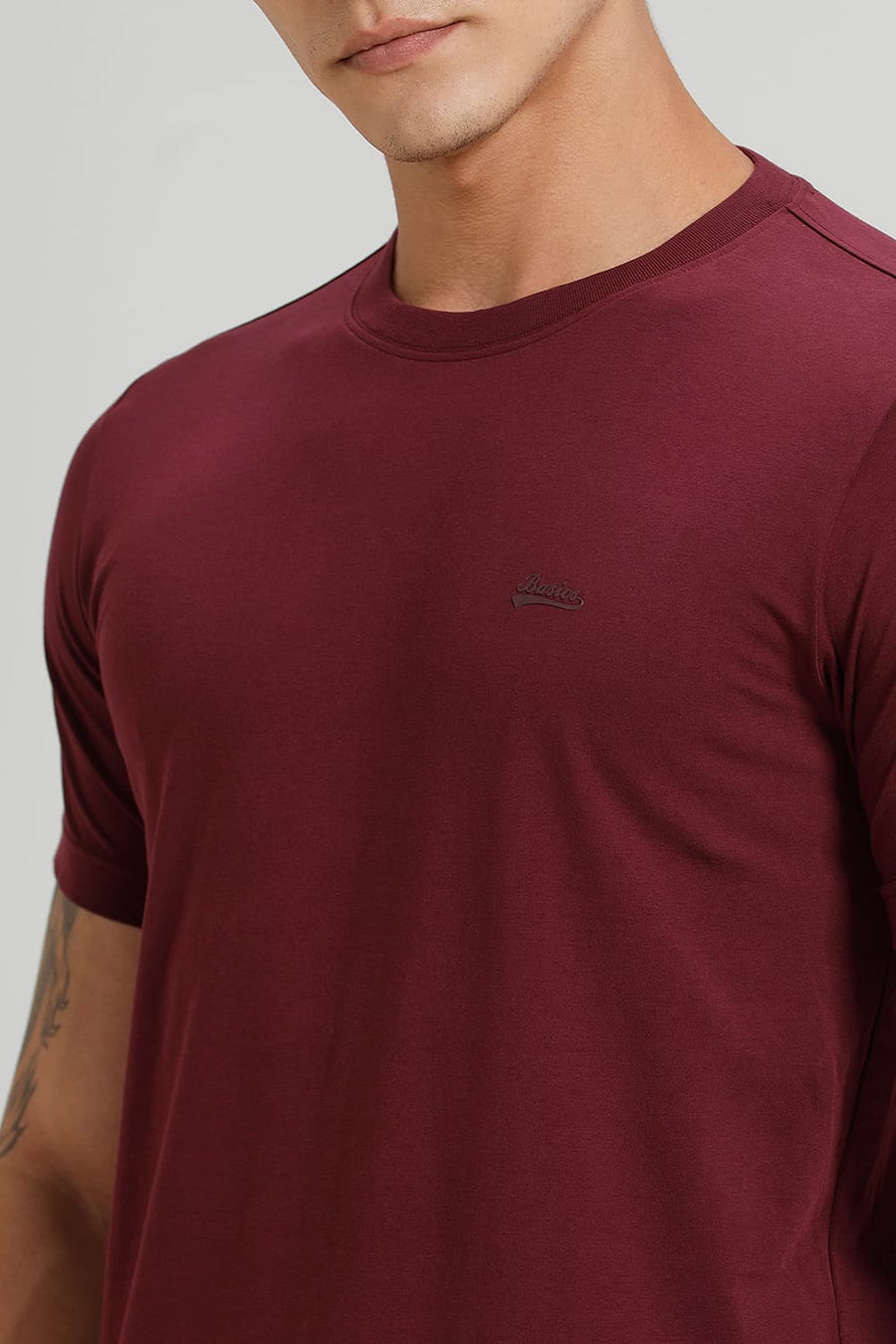 BASICS REGULAR FIT MAUVE WINE COTTON STRETCH CREW T-SHIRT