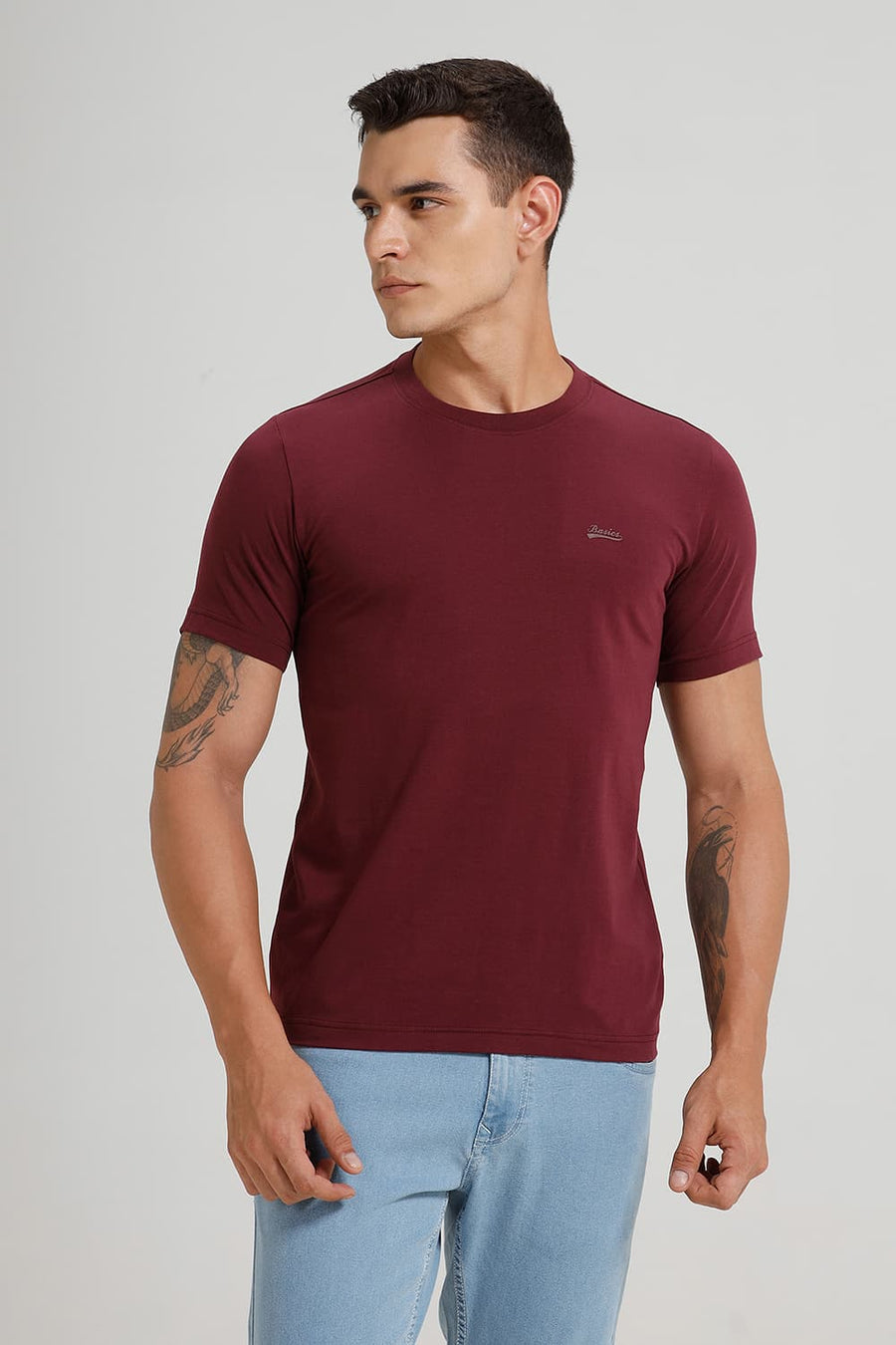BASICS REGULAR FIT MAUVE WINE COTTON STRETCH CREW T-SHIRT