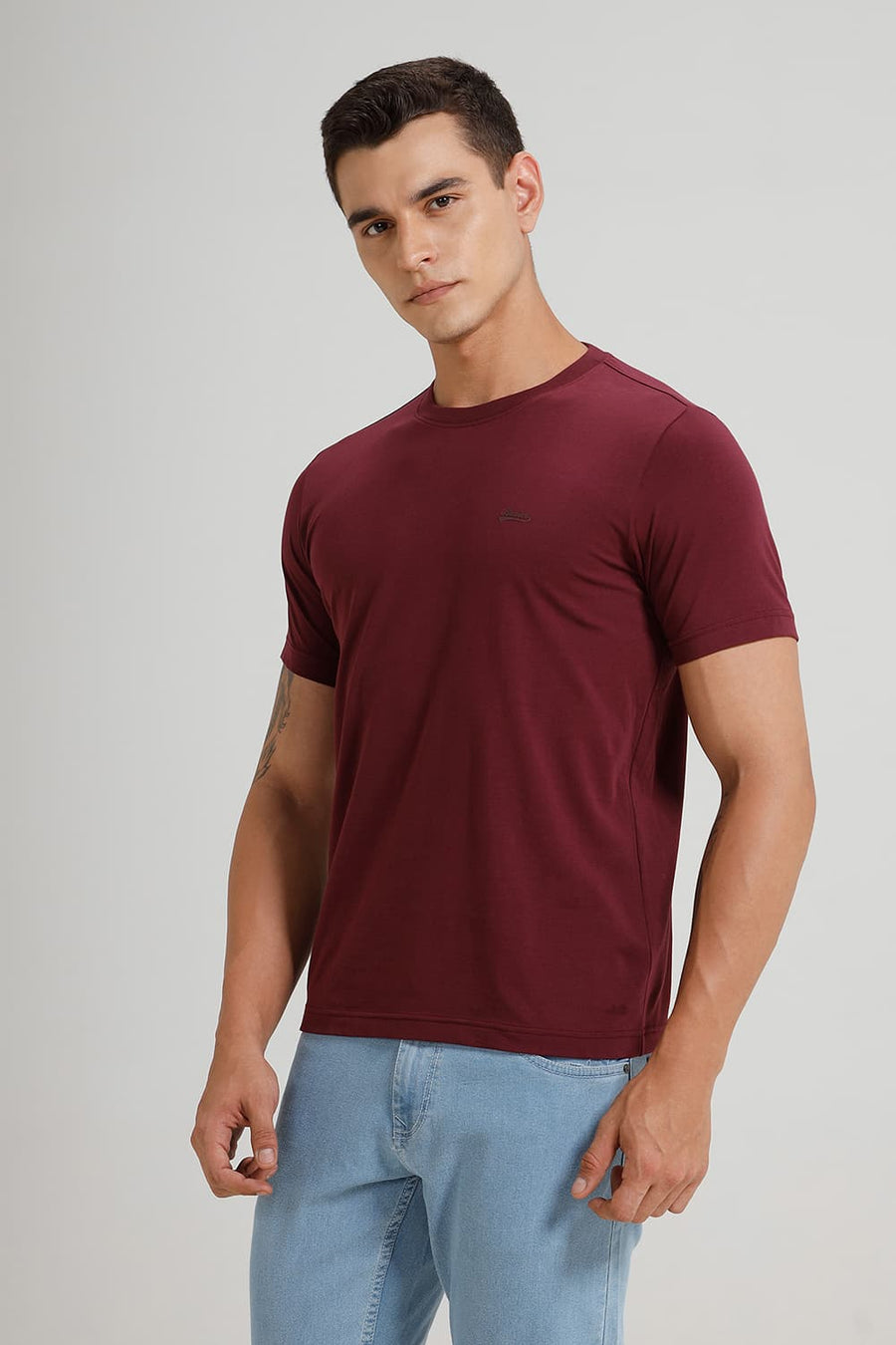 BASICS REGULAR FIT MAUVE WINE COTTON STRETCH CREW T-SHIRT