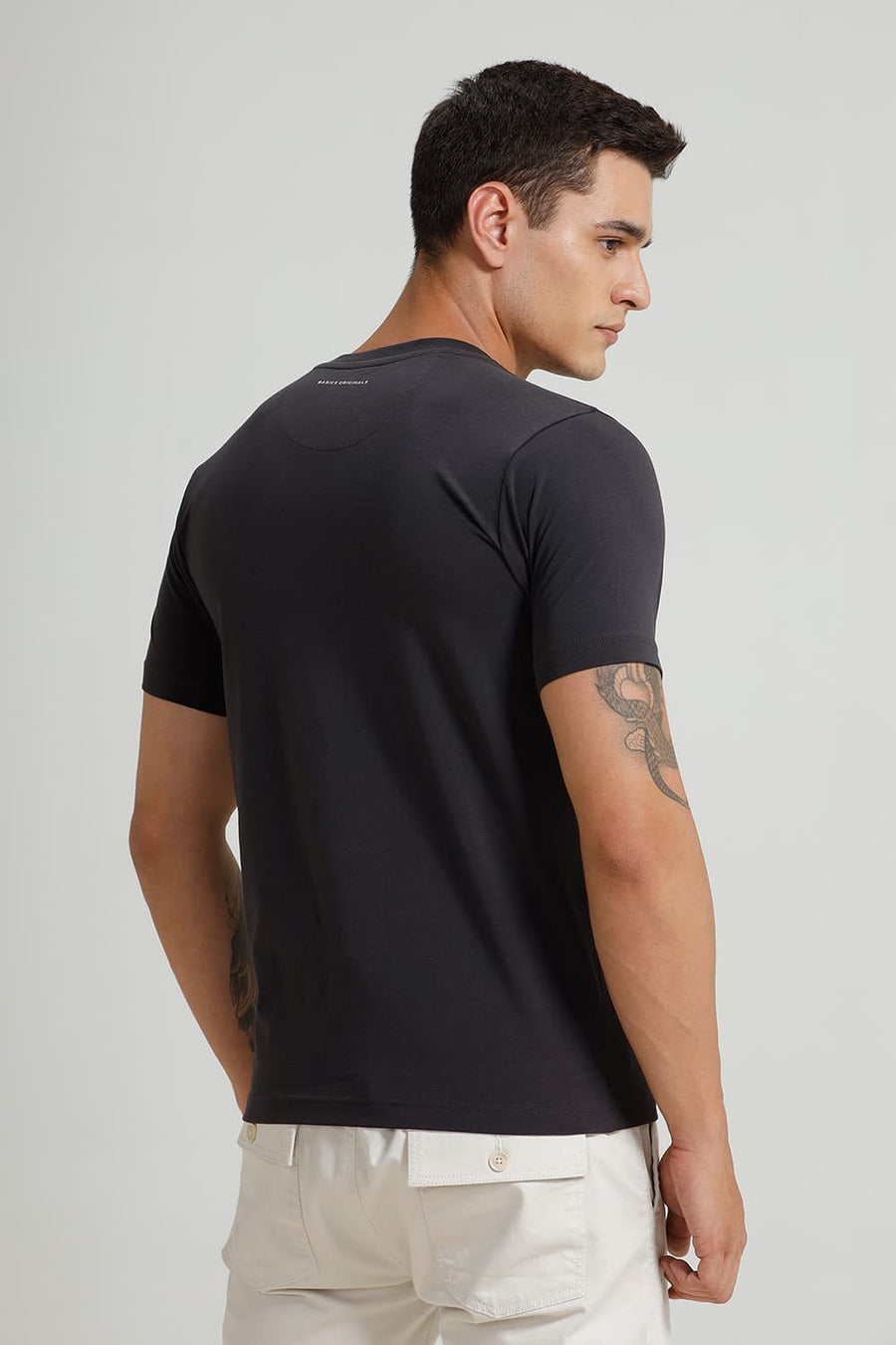 BASICS REGULAR FIT CHARCOAL ART COTTON STRETCH CREW T-SHIRT