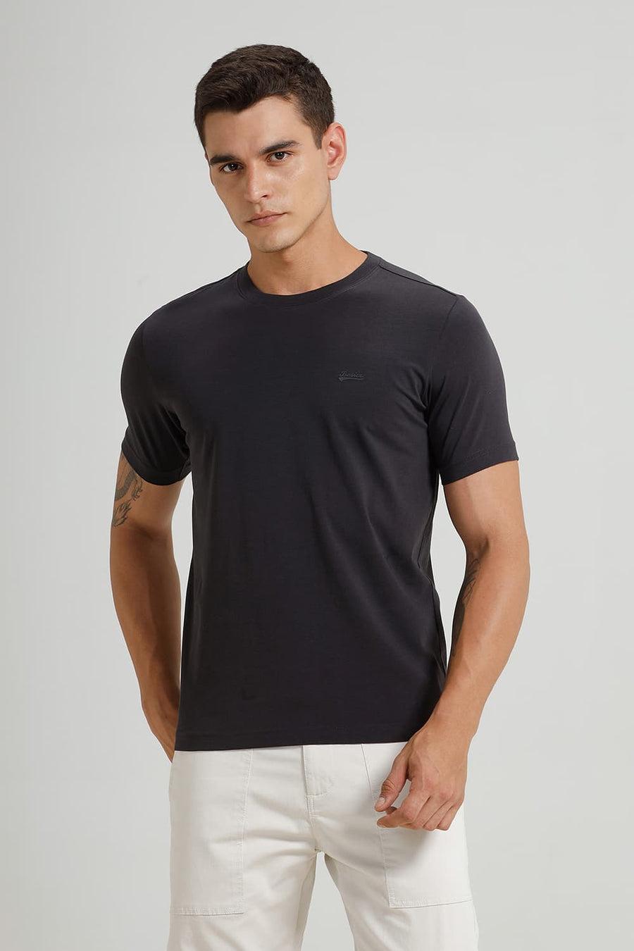 BASICS REGULAR FIT CHARCOAL ART COTTON STRETCH CREW T-SHIRT