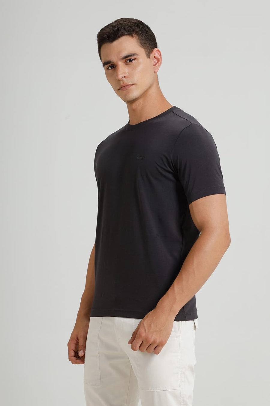 BASICS REGULAR FIT CHARCOAL ART COTTON STRETCH CREW T-SHIRT