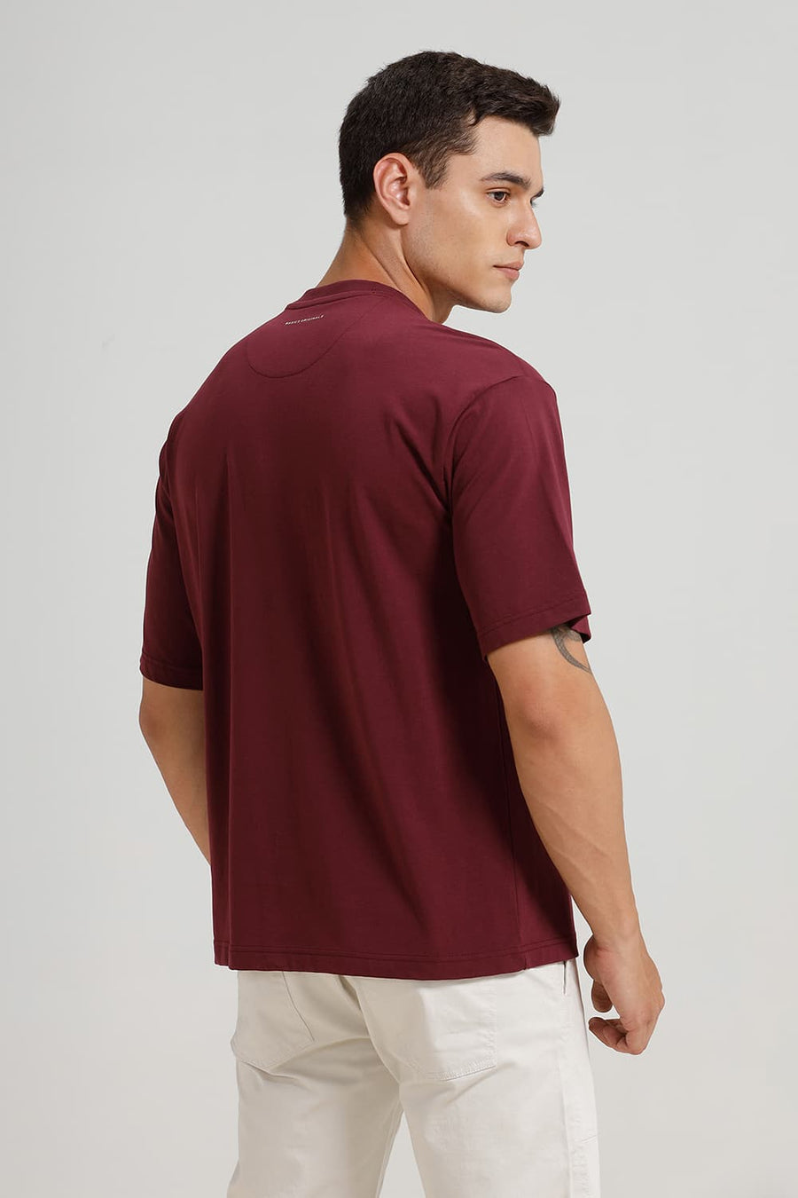 BASICS RELAXED FIT MAUVE WINE COTTON STRETCH CREW T-SHIRT