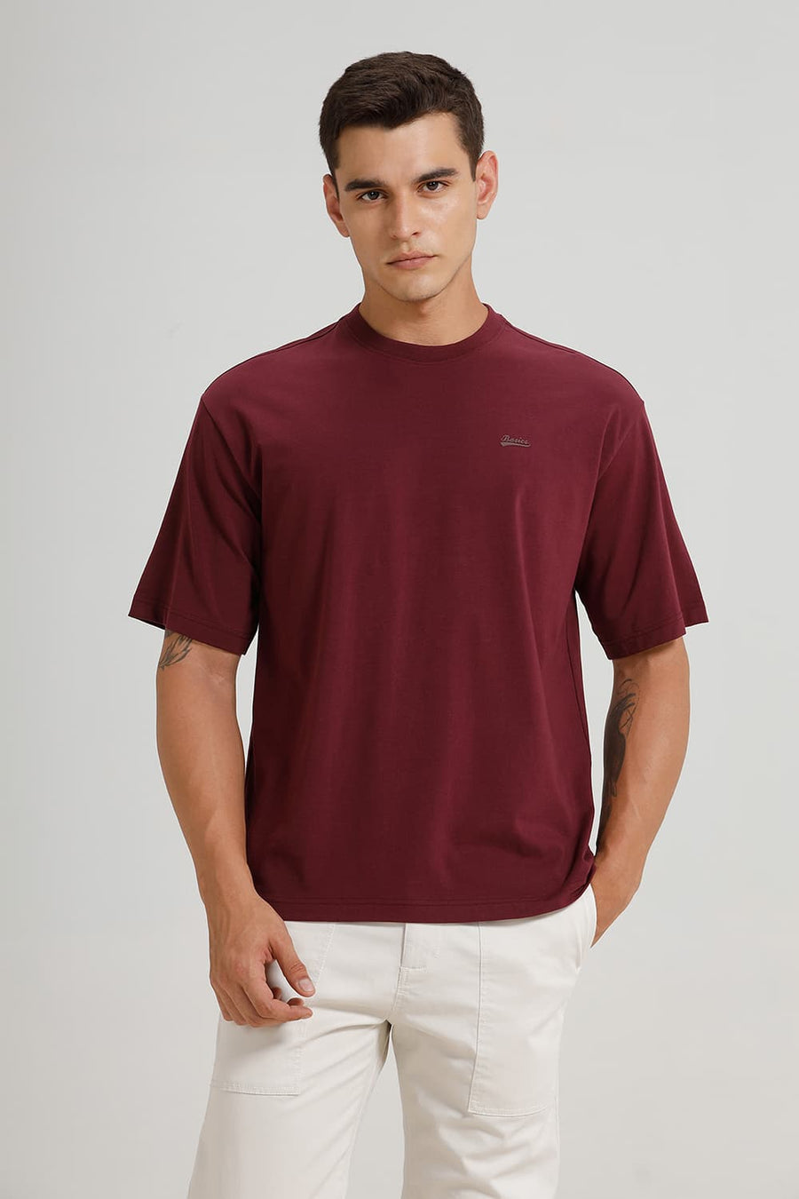 BASICS RELAXED FIT MAUVE WINE COTTON STRETCH CREW T-SHIRT