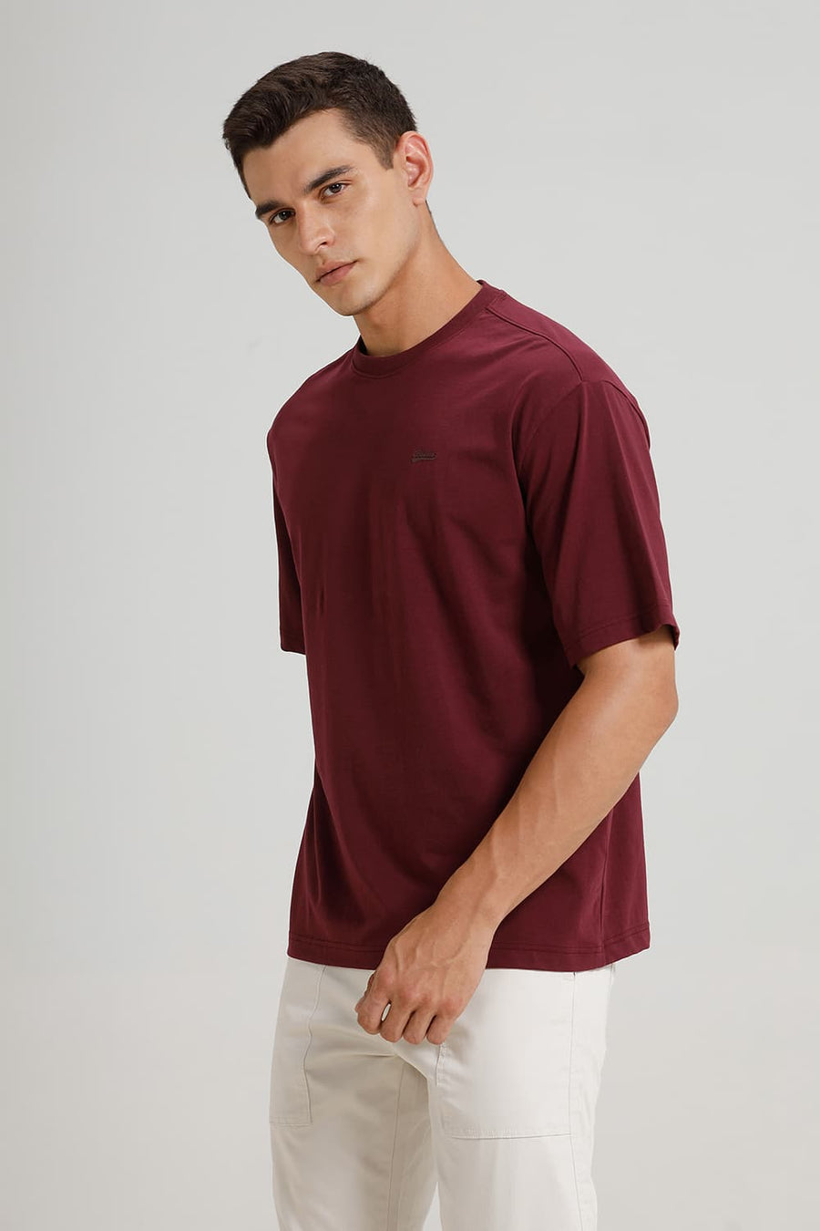 BASICS RELAXED FIT MAUVE WINE COTTON STRETCH CREW T-SHIRT