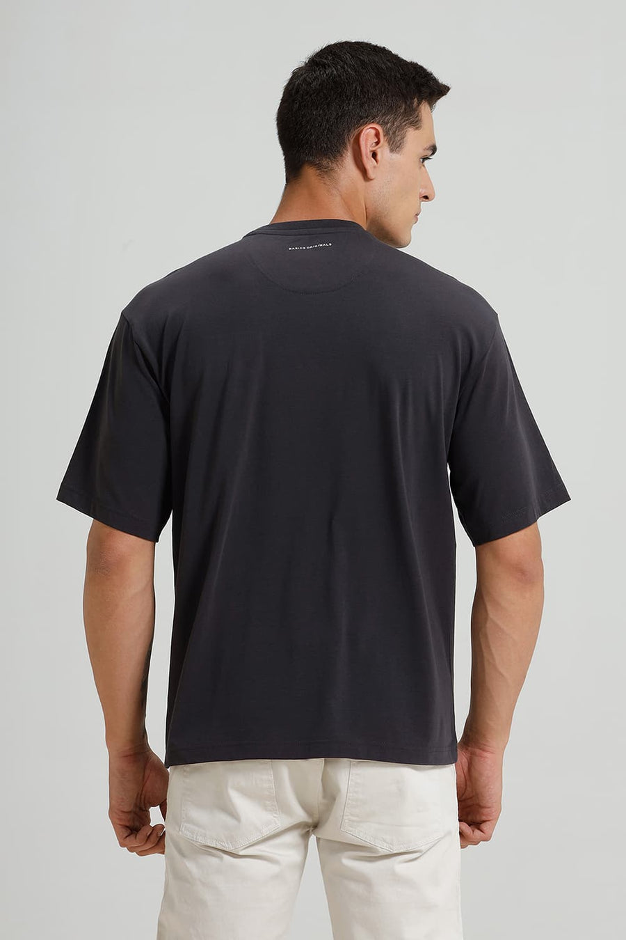 BASICS RELAXED FIT CHARCOAL ART COTTON STRETCH CREW T-SHIRT