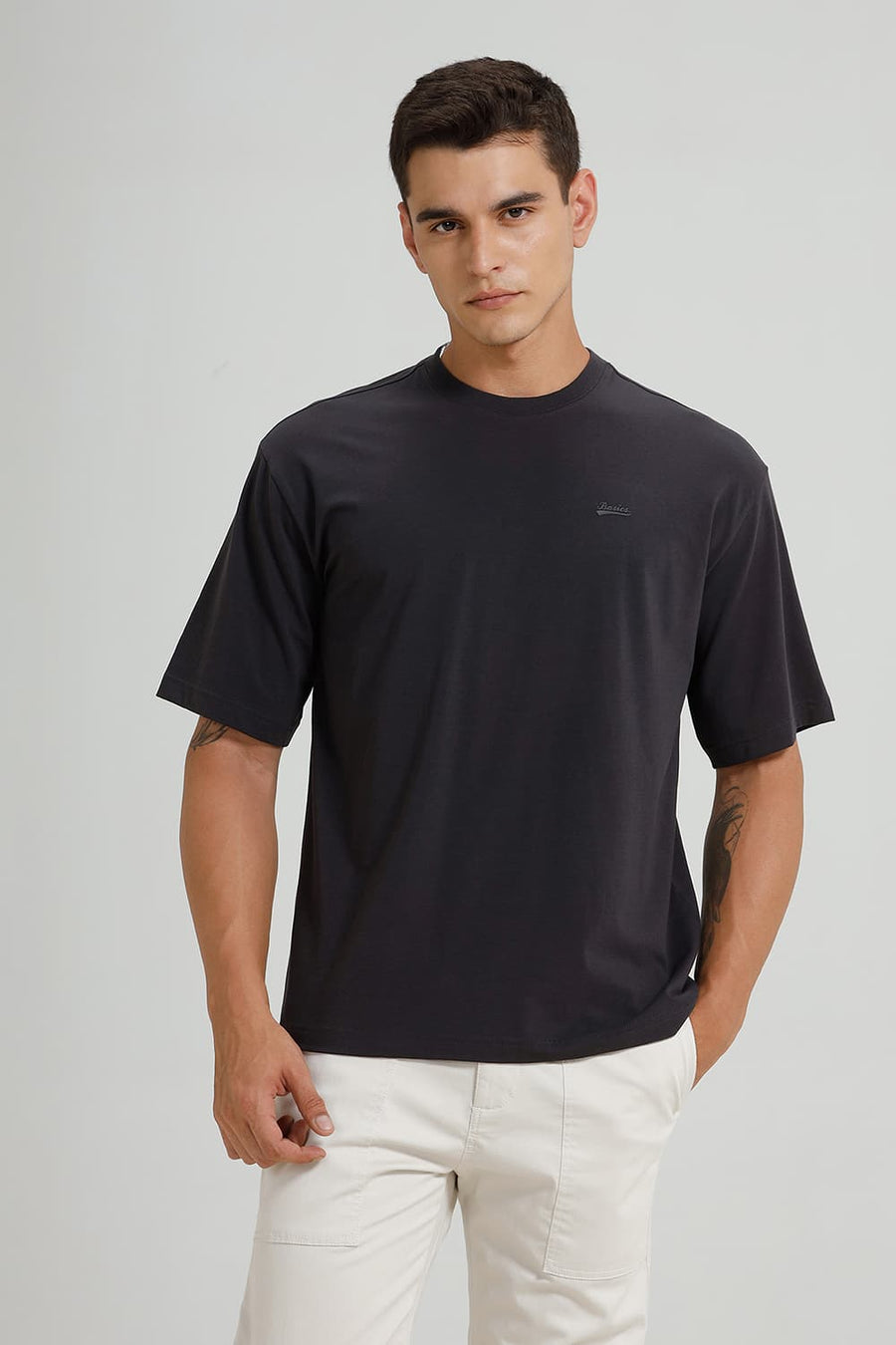 BASICS RELAXED FIT CHARCOAL ART COTTON STRETCH CREW T-SHIRT