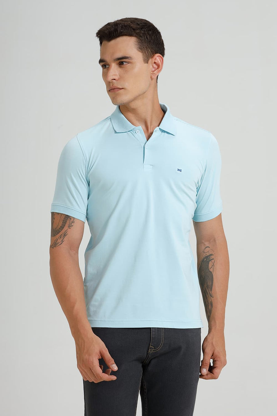 BASICS REGULAR FIT BLUE GLOW COTTON STRETCH POLO T-SHIRT