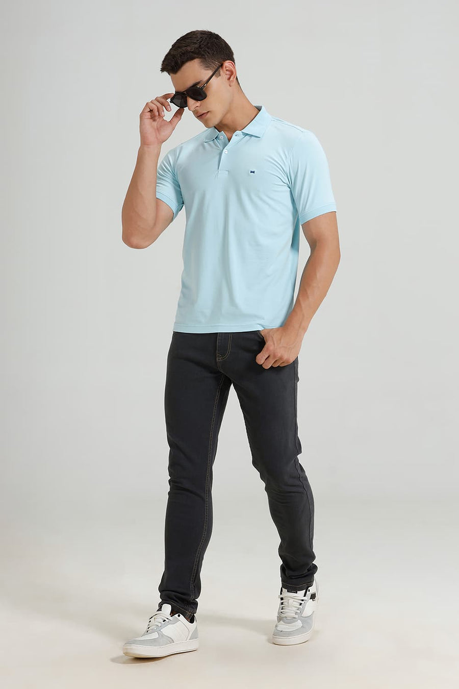 BASICS REGULAR FIT BLUE GLOW COTTON STRETCH POLO T-SHIRT