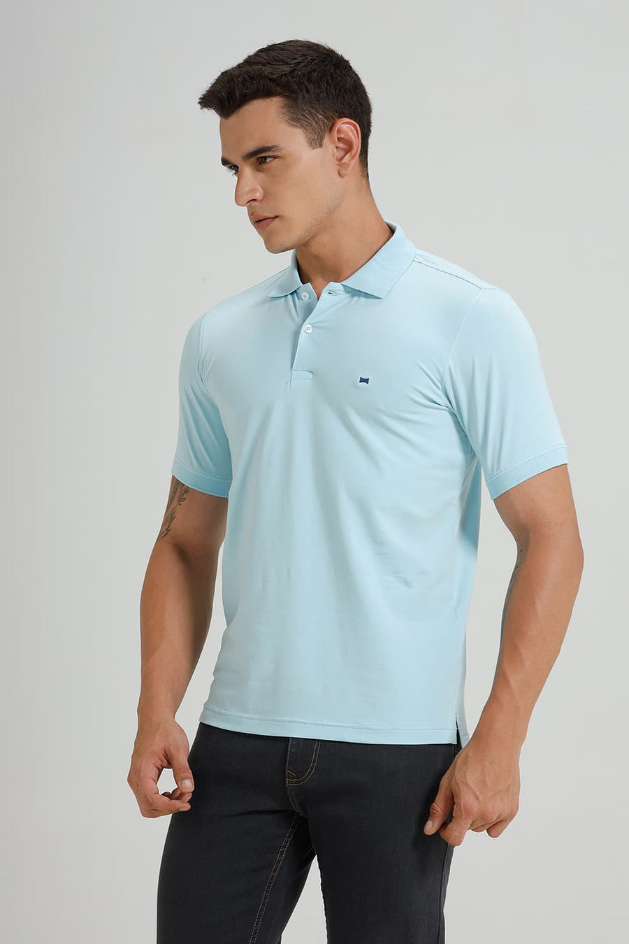 BASICS REGULAR FIT BLUE GLOW COTTON STRETCH POLO T-SHIRT