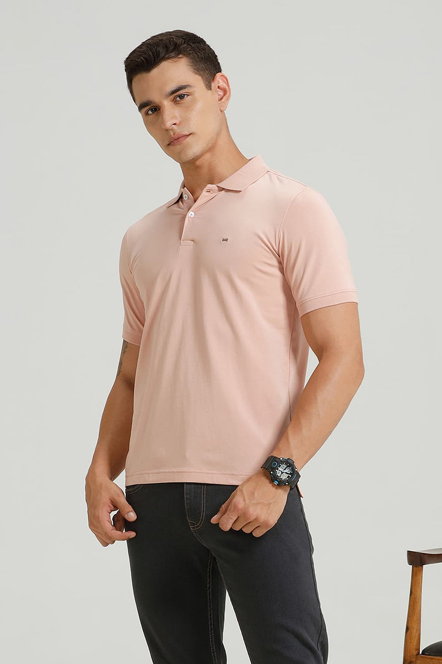 BASICS REGULAR FIT DUSTY CORAL COTTON STRETCH POLO T-SHIRT