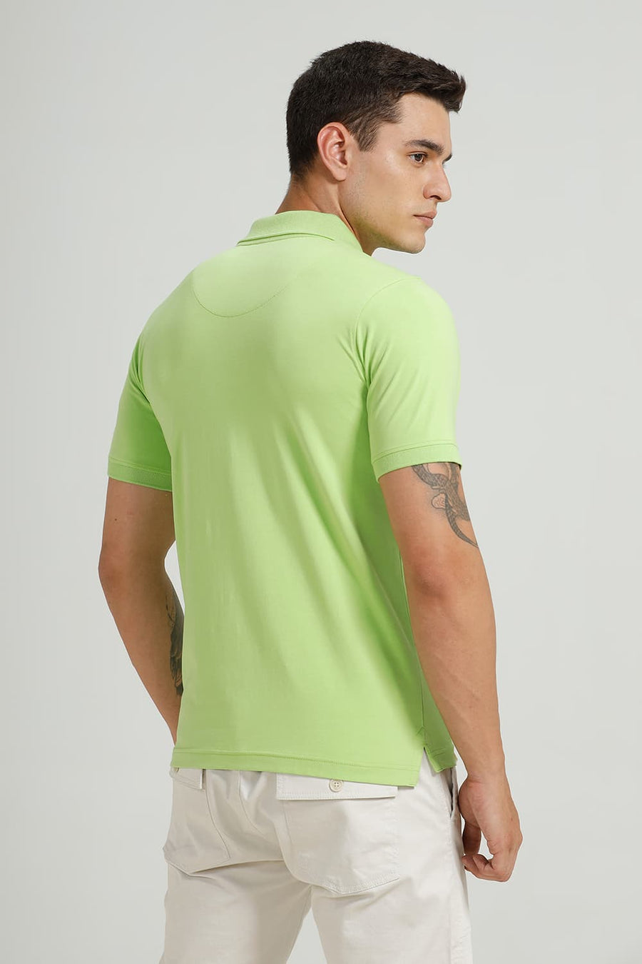 BASICS REGULAR FIT LIME GREEN COTTON STRETCH POLO T-SHIRT