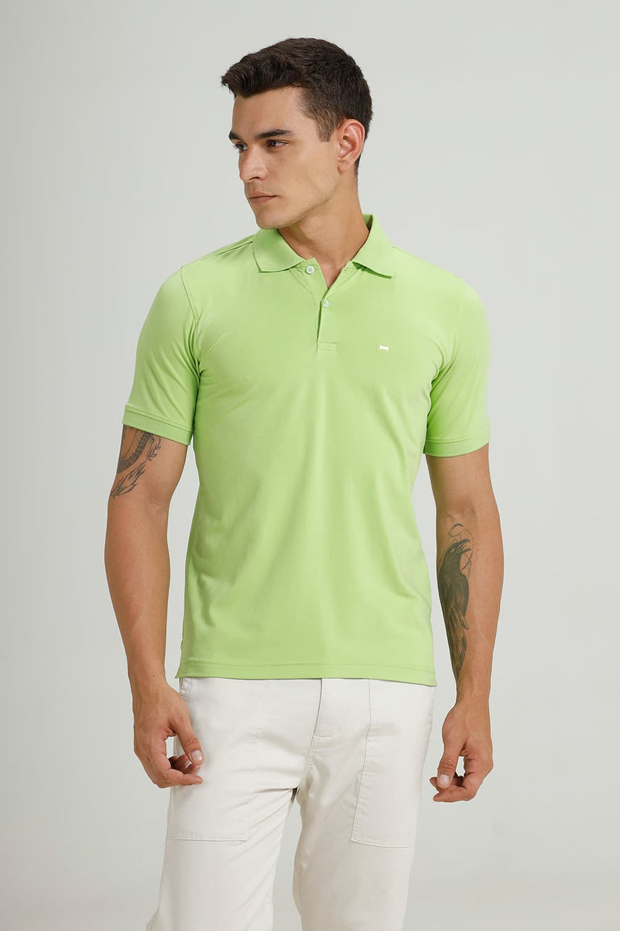 BASICS REGULAR FIT LIME GREEN COTTON STRETCH POLO T-SHIRT