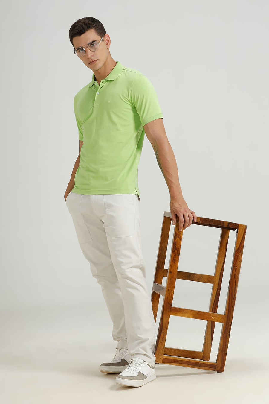 BASICS REGULAR FIT LIME GREEN COTTON STRETCH POLO T-SHIRT