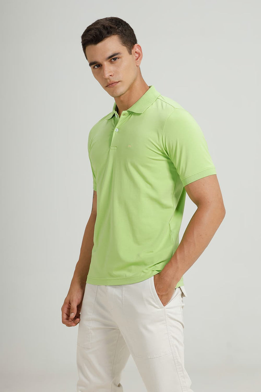 BASICS REGULAR FIT LIME GREEN COTTON STRETCH POLO T-SHIRT