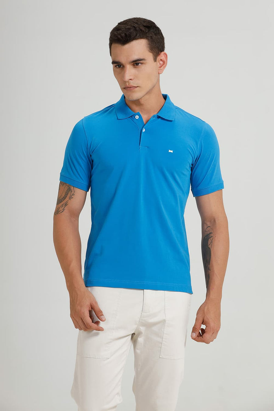 BASICS REGULAR FIT INDIGO BUNTING COTTON STRETCH POLO T-SHIRT