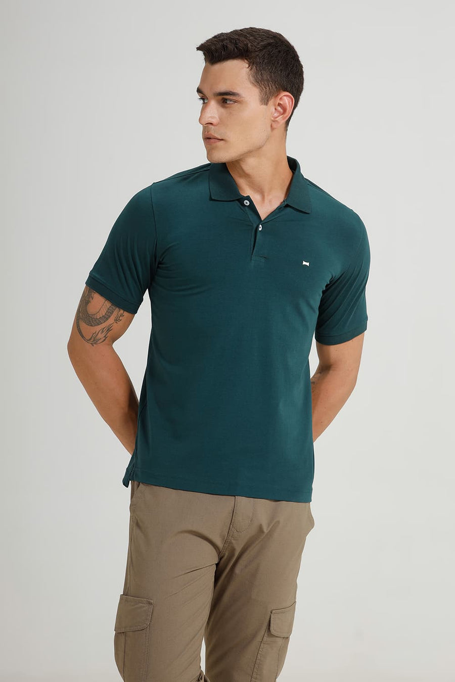 BASICS REGULAR FIT DARK SEA COTTON STRETCH POLO T-SHIRT