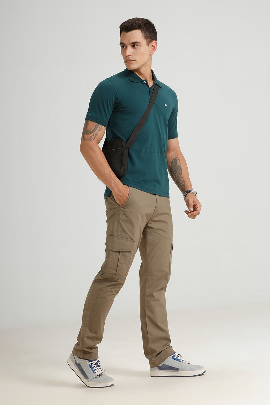BASICS REGULAR FIT DARK SEA COTTON STRETCH POLO T-SHIRT