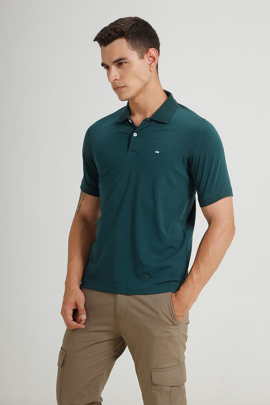 BASICS REGULAR FIT DARK SEA COTTON STRETCH POLO T-SHIRT