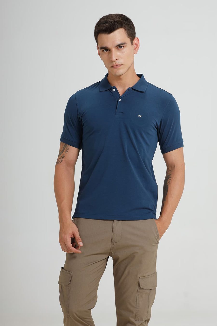 BASICS REGULAR FIT TITAIN NAVY COTTON STRETCH POLO T-SHIRT