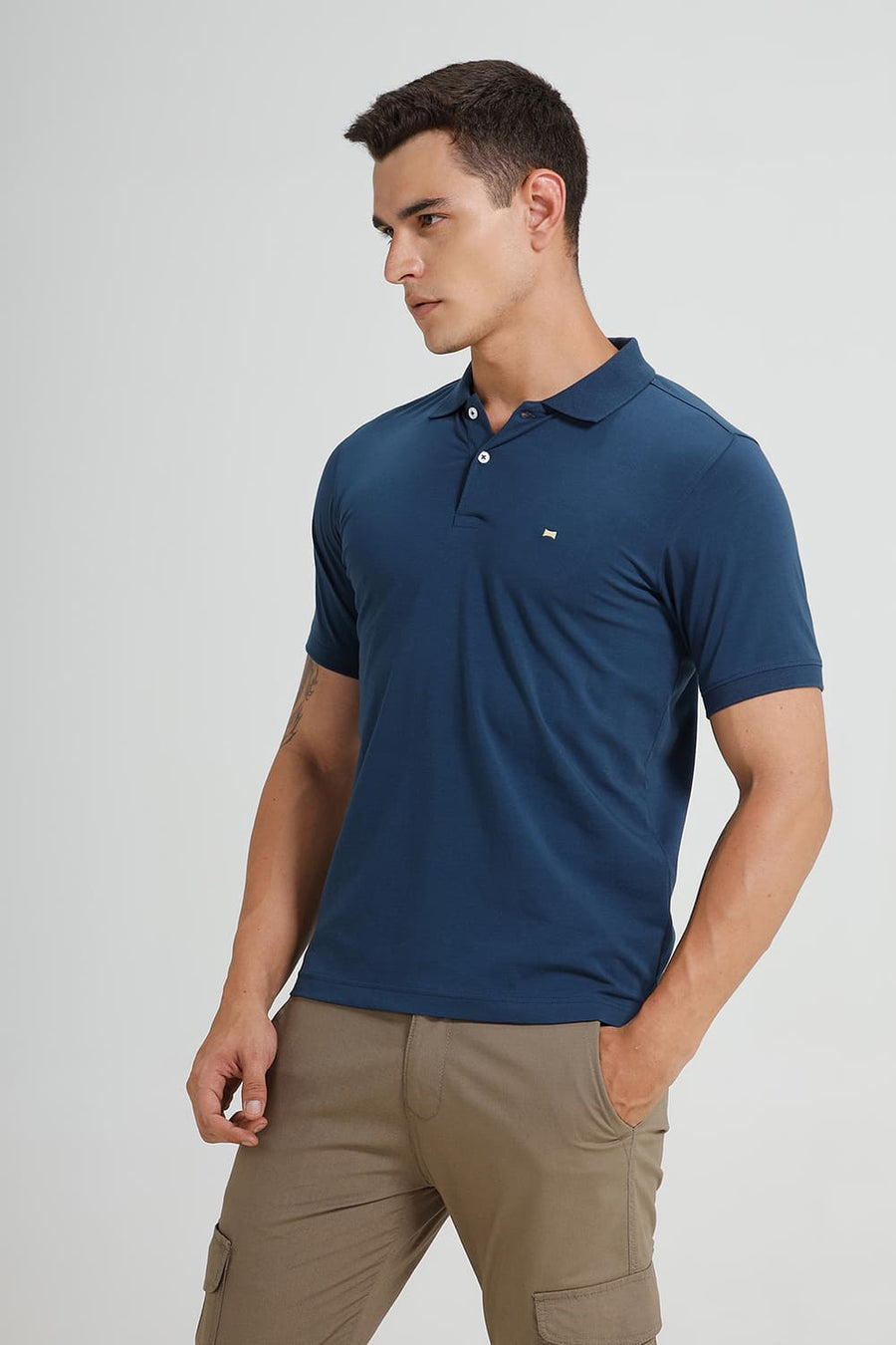 BASICS REGULAR FIT TITAIN NAVY COTTON STRETCH POLO T-SHIRT