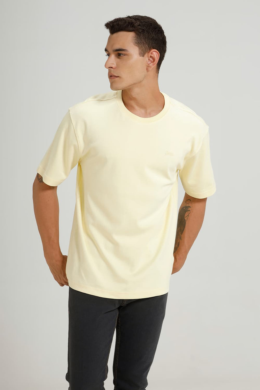 BASICS RELAXED FIT PASTEL YELLOW COTTON CREW T-SHIRT