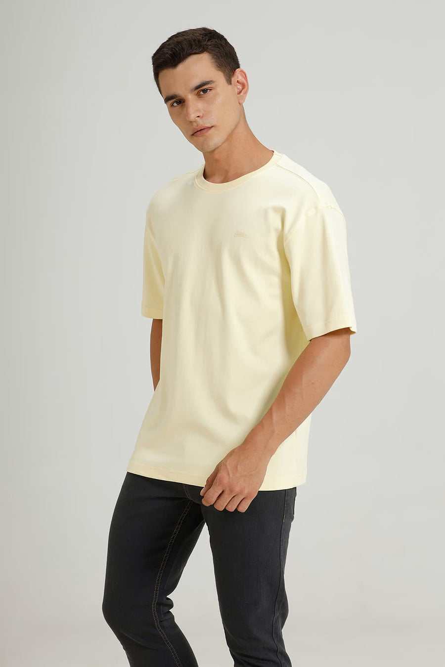 BASICS RELAXED FIT PASTEL YELLOW COTTON CREW T-SHIRT