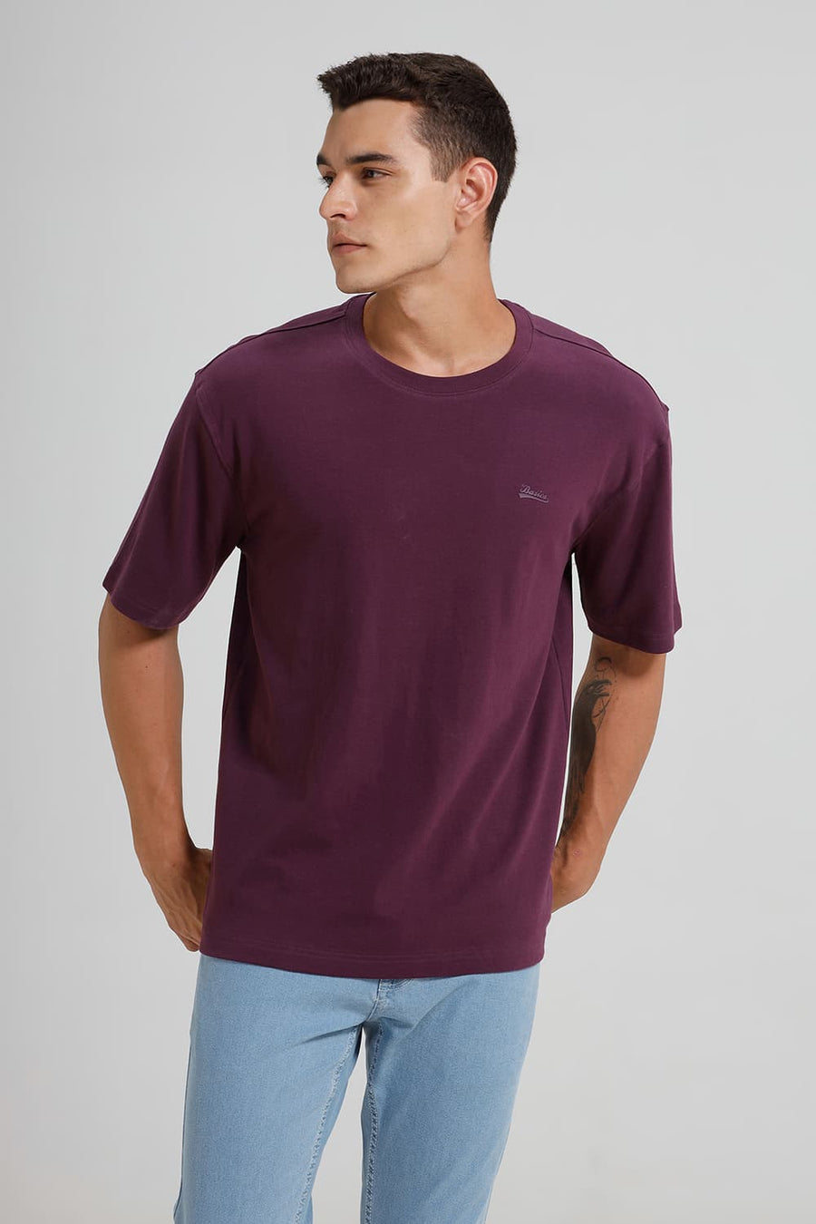 BASICS RELAXED FIT PLUM PURPLE COTTON CREW T-SHIRT