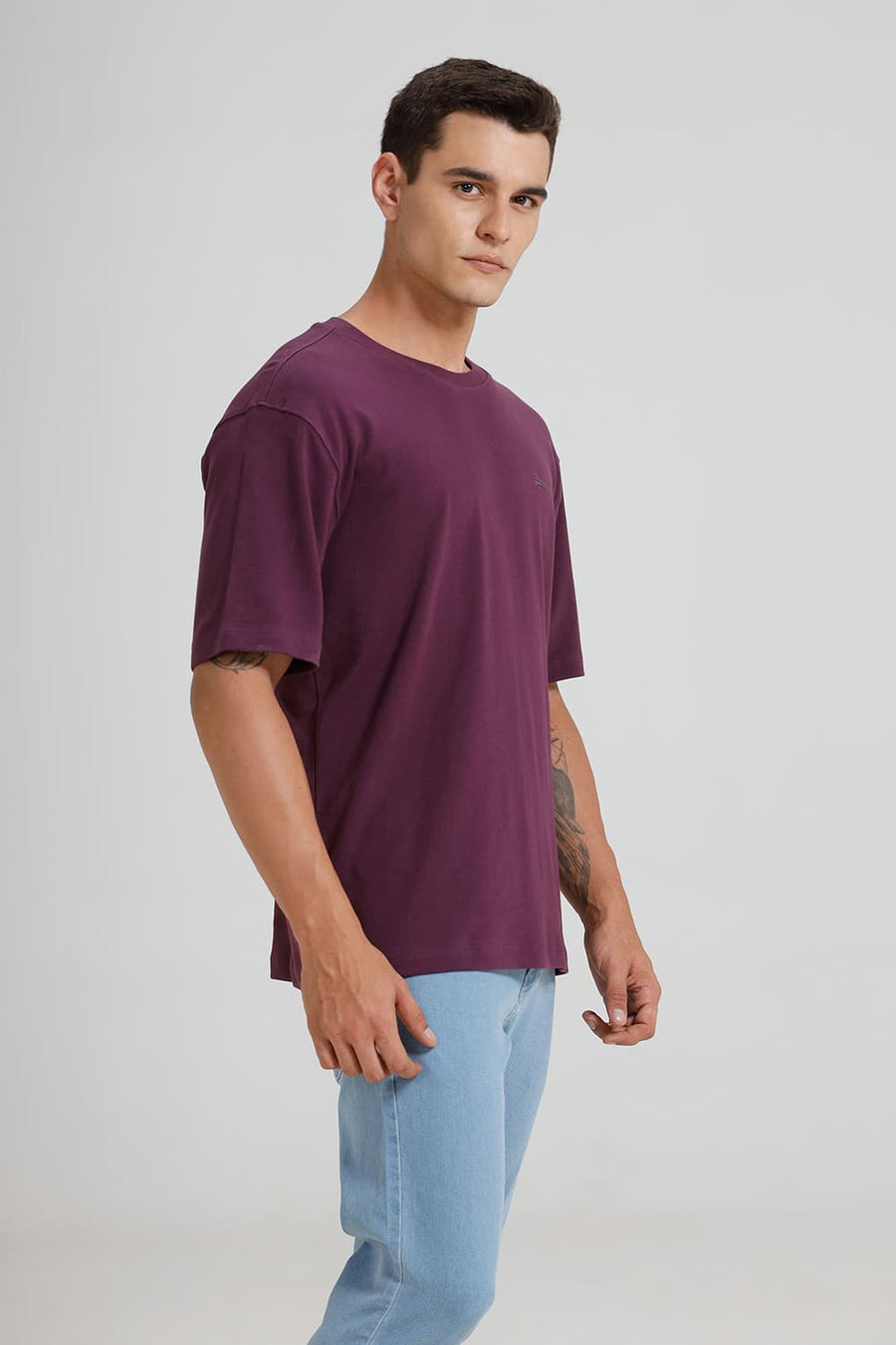 BASICS RELAXED FIT PLUM PURPLE COTTON CREW T-SHIRT