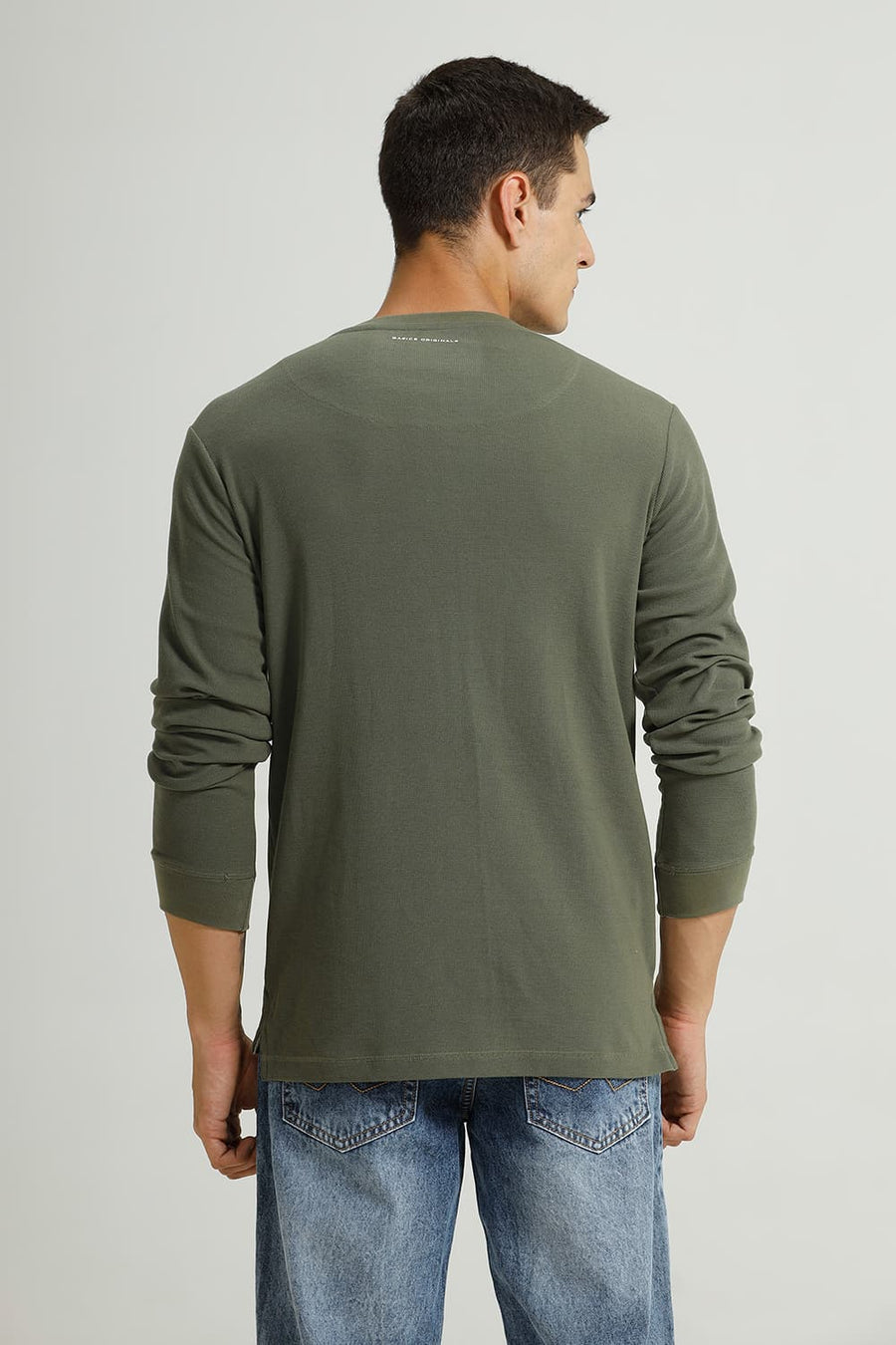 BASICS REGULAR FIT OLIVINE COTTON POLYESTER HENLEY T-SHIRT