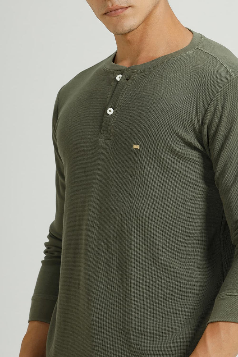 BASICS REGULAR FIT OLIVINE COTTON POLYESTER HENLEY T-SHIRT
