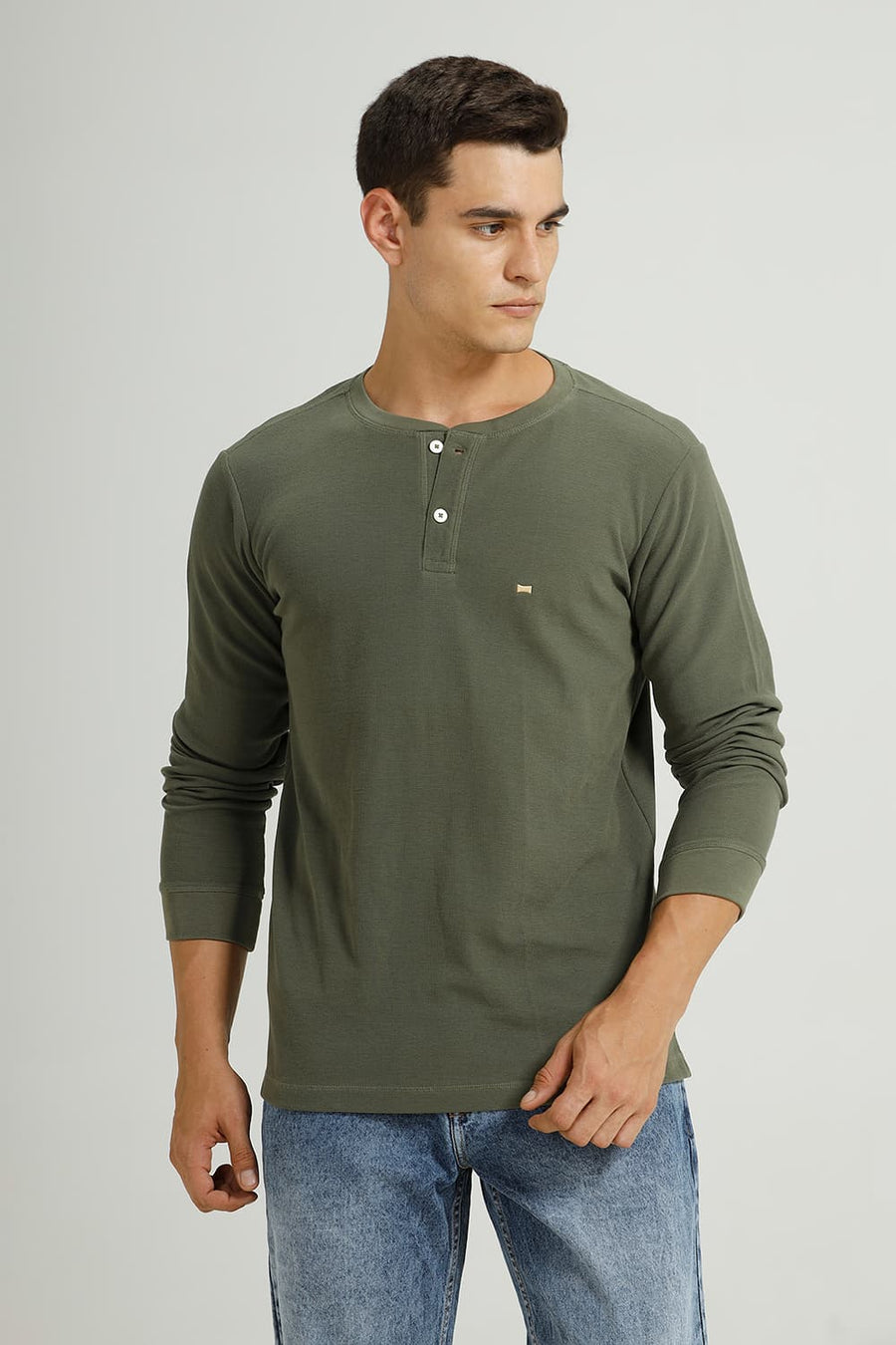 BASICS REGULAR FIT OLIVINE COTTON POLYESTER HENLEY T-SHIRT