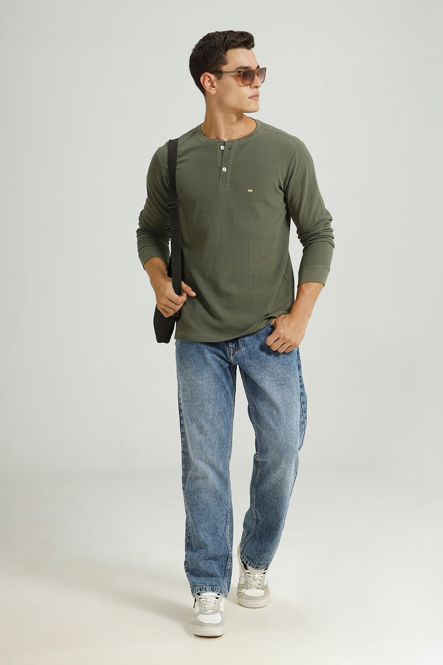 BASICS REGULAR FIT OLIVINE COTTON POLYESTER HENLEY T-SHIRT