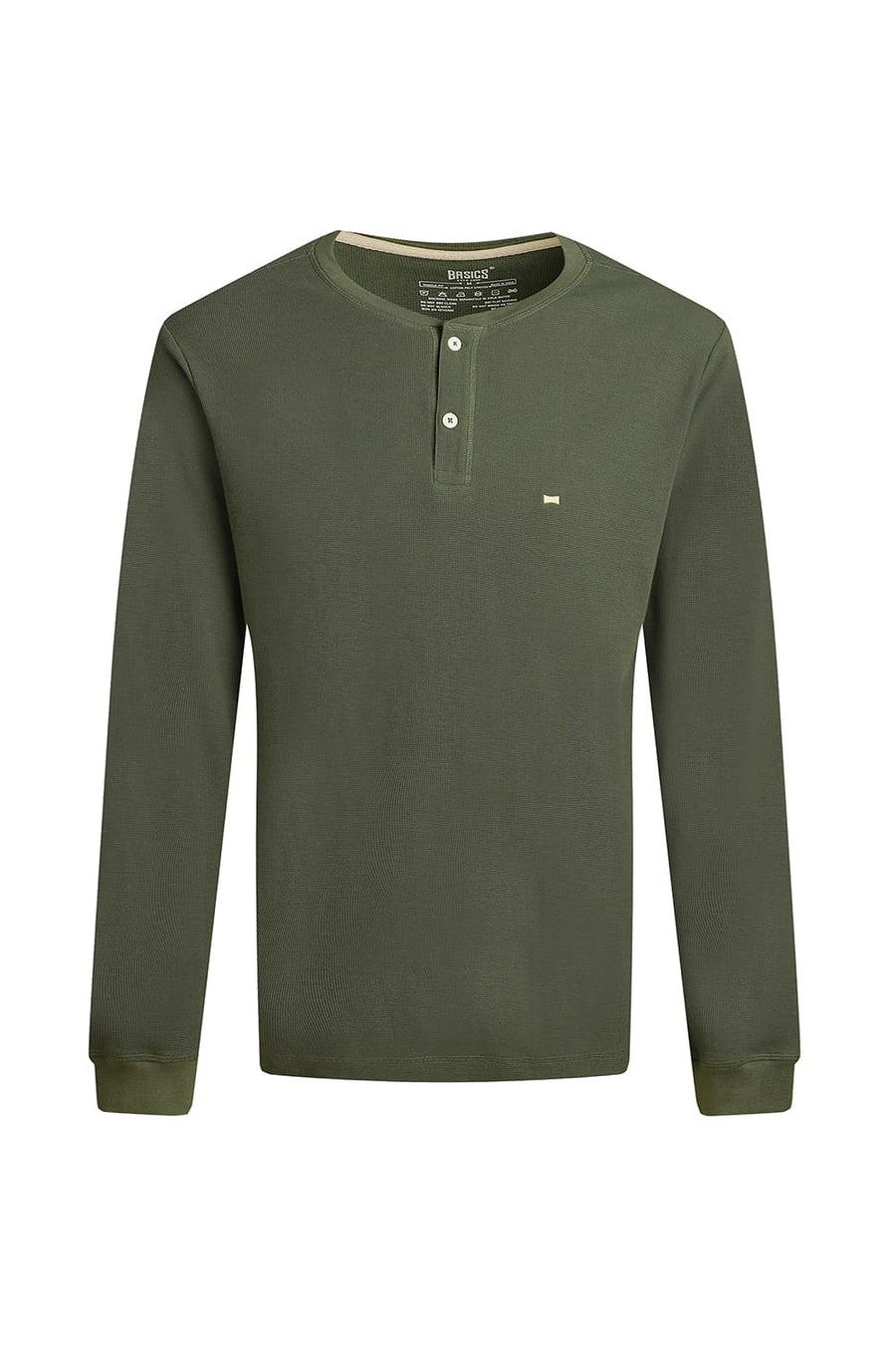 BASICS REGULAR FIT OLIVINE COTTON POLYESTER HENLEY T-SHIRT