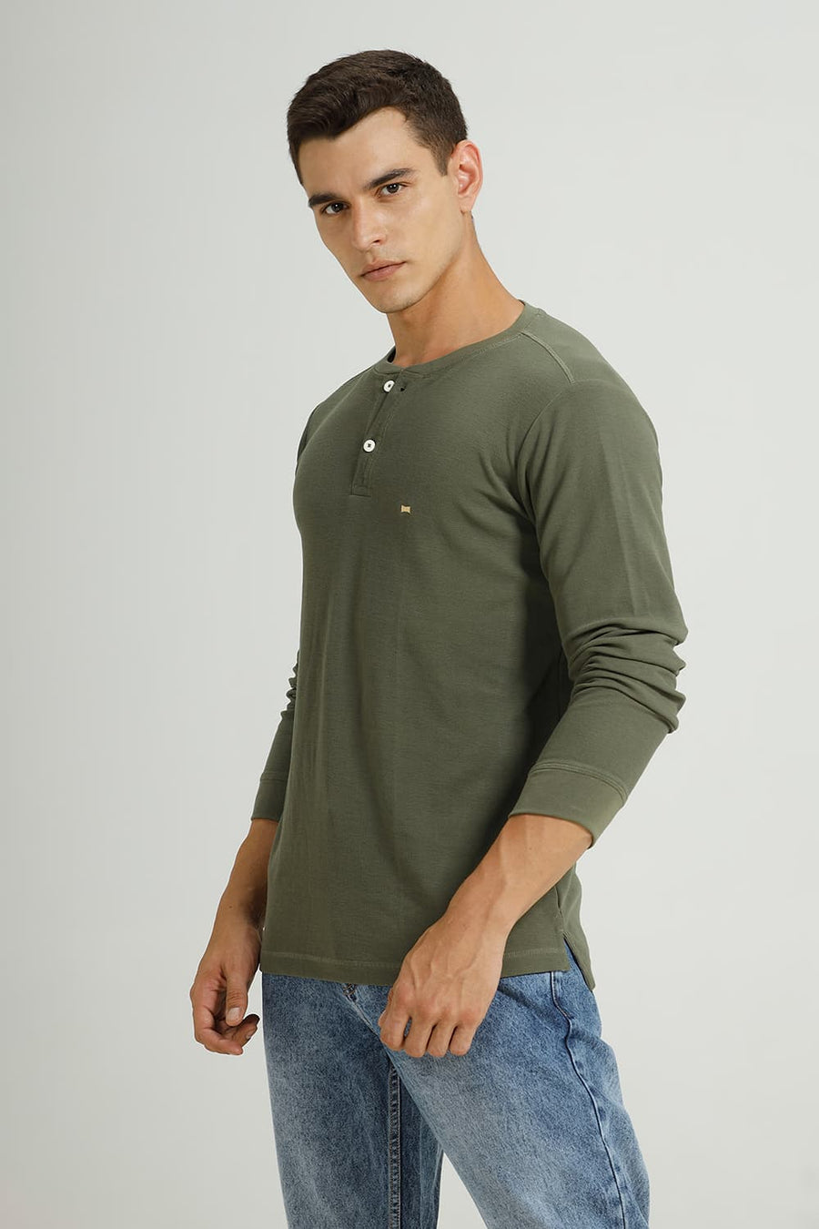 BASICS REGULAR FIT OLIVINE COTTON POLYESTER HENLEY T-SHIRT
