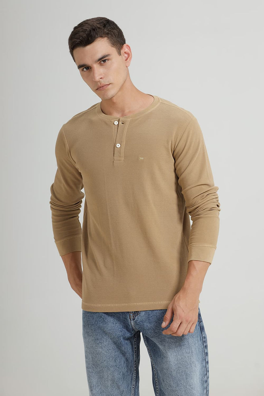 BASICS REGULAR FIT LARK COTTON POLYESTER HENLEY T-SHIRT